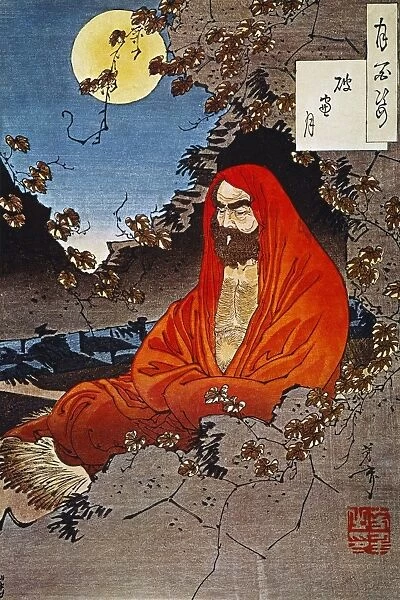 A Holy Man Meditating Beneath the Full Moon. Japanese Oban color print, 1887