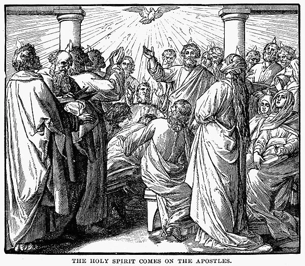 HOLY SPIRIT VISITING. The Holy Spirit, or Holy Ghost, came in to the Apostles (Acts 2: 1-4). Wood engraving, American, 1884