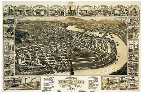 HOLYOKE: MAP, 1881. Birds eye view of Holyoke, Massachusetts, with border vignettes