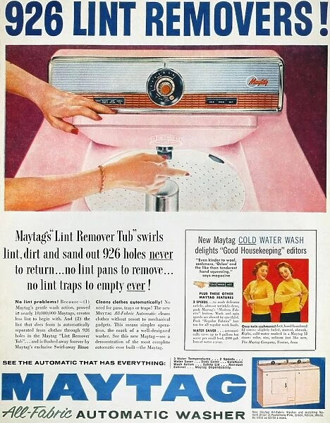 HOME APPLIANCE AD, 1957. Maytag washing machine advertisement from an American magazine, 1957