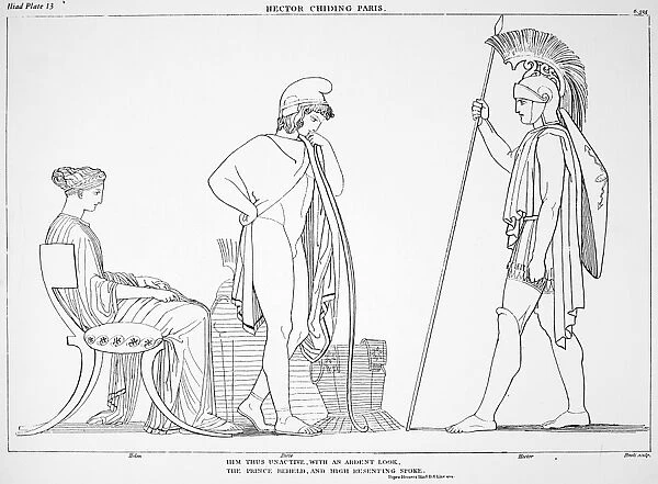 HOMER: THE ILIAD. Hector, dressed for battle, scolds Paris who is wearing a peasants hat or kyne