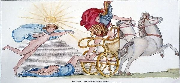 HOMER: THE ILIAD. Hectors body dragged behind the chariot of Achilles. Line engraving, 1805. after the drawing by John Flaxman