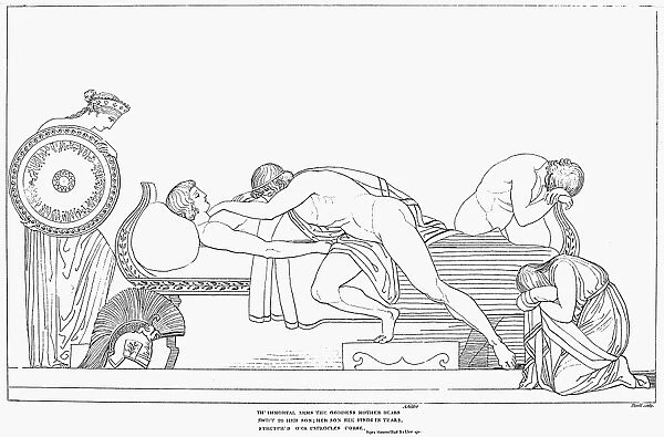 HOMER: THE ILIAD. Thetis bringing the armor to Achilles. Line engraving, 1805, after the drawing by John Flaxman