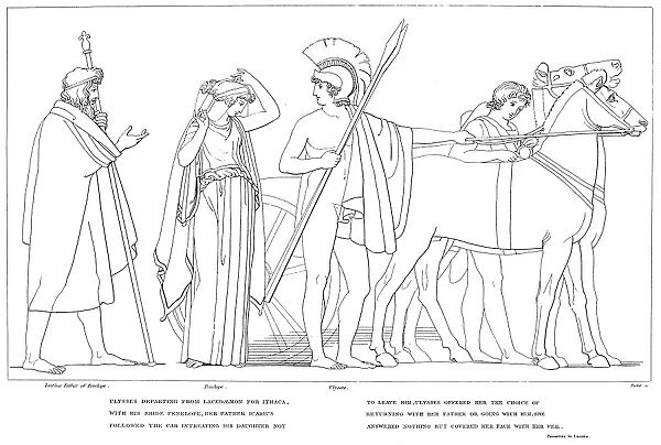 HOMER: THE ODYSSEY. Odysseus taking leave of his wife Penelope and her father Icarius before departing for Ithaca. Line engraving, 1805, after the drawing by John Flaxman
