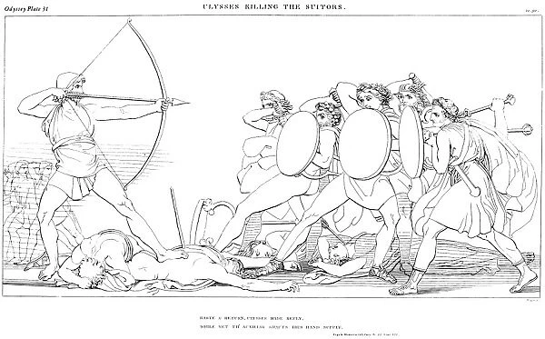 HOMER: THE ODYSSEY. Ulysses killing the suitors of his wife, Penelope. Line engraving, 1805, by James Neagle after the drawing by John Flaxman
