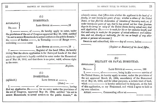 HOMESTEAD ACT, 1862. Application for a homestead published in a circular of the
