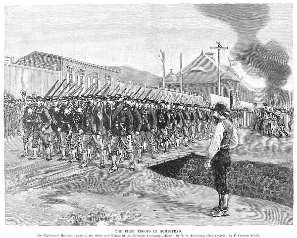 HOMESTEAD STRIKE, 1892. The First Troops in Homestead. The Eighteenth Regiment passing the Office and Works of the Carnegie Company. Wood engraving from a contemporary newspaper