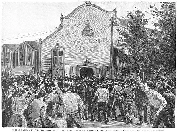 HOMESTEAD STRIKE, 1892. The Mob Assailing the Pinkerton Men on Their Way to the Temporary Prison. Wood engraving from a contemporary newspaper