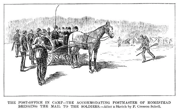 HOMESTEAD STRIKE, 1892. Postmaster delivering mail to National Guard troops in Homestead