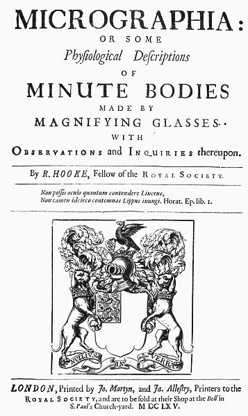 HOOKE: MICROGRAPHIA, 1665. Title page of the first edition of Robert Hookes Micrographia
