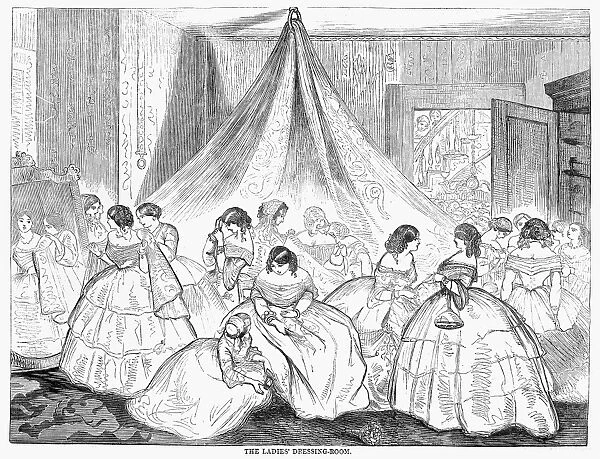 HOOPSKIRTS, 1858. Ladies dressing room at a ball in a wealthy private home. Wood engraving, American, 1858