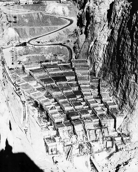 HOOVER DAM, 1934. Aerial view of the construction site of Hoover Dam on the Colorado River