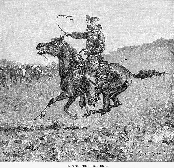 IN WITH THE HORSE HERD. Wood engraving, 1888, after a drawing by Frederic Remington (1861-1908)