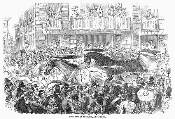 Horse race on the Corsa, Florence, Italy. Wood engraving, 1857
