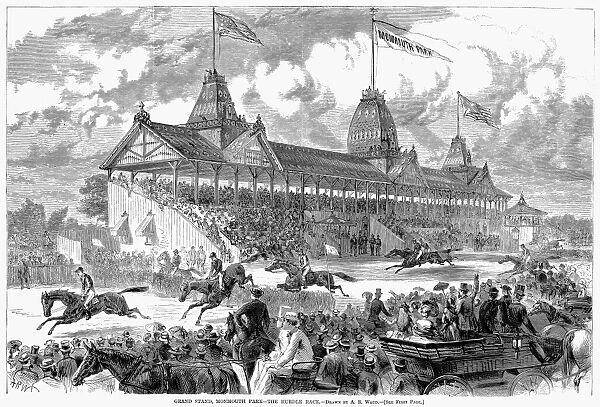 HORSE RACING, 1870. Grand Stand, Monmouth Park - the Hurdle Race. Horse racing at Monmouth Park, New Jersey. Wood engraving after Alfred R. Waud from an American newspaper of 1870