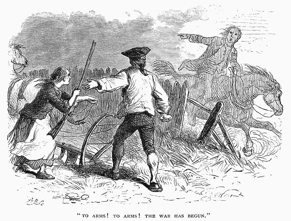 A horse rider alerting a minuteman that the war has begun as the British were marching upon Lexington and Concord. Line engraving, 19th century