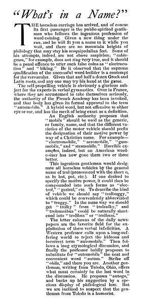 HORSELESS CARRIAGE, 1899. Whats in a Name? Article from an American newspaper