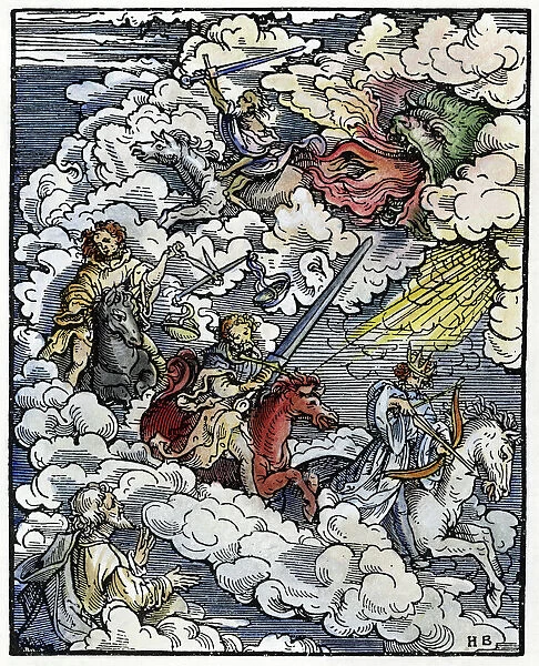 FOUR HORSEMEN. The Four Horsemen of the Apocalypse. Color woodcut, German, 1523