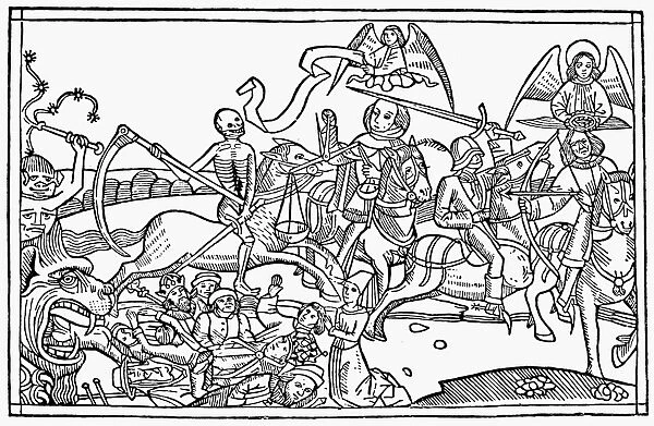 FOUR HORSEMEN. The Four Horsemen of the Apocalypse. Woodcut from the Cologne Bible
