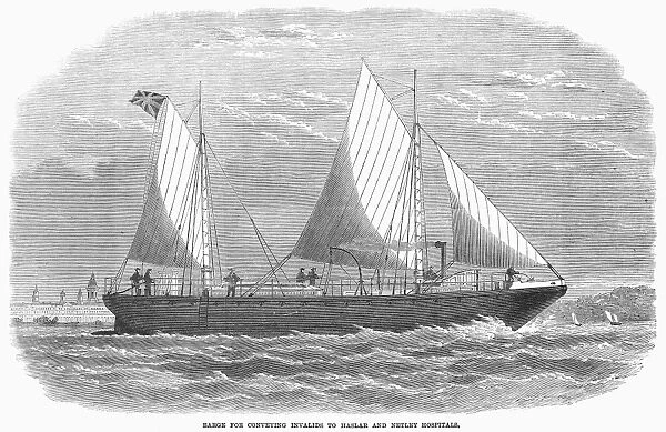 HOSPITAL BARGE, 1866. Barge for transporting sick and wounded servicemen to Haslar, the naval hopital at Portsmouth, England, and to the Royal Victoria Military Hospital at Netley. Wood engraving, English, 1866