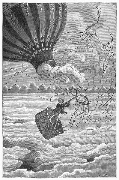 Hot air balloon accident in which the gondola broke off from the balloon. Wood engraving, 19th century