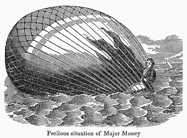 Hot air balloon that ascended from Norwich, England has fallen into the sea. Wood engraving, American, c1835