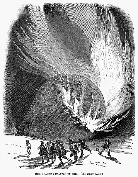 Hot air balloon fire. English newpaper engraving, 1850