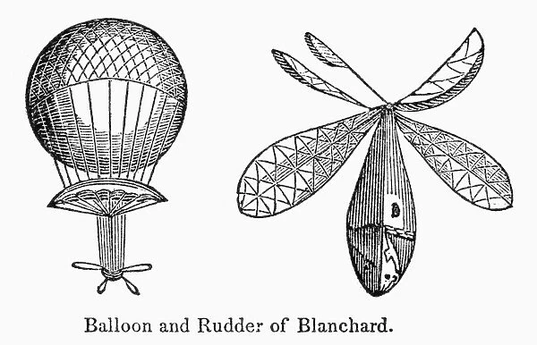 Hot air balloon and rudder designed by French aeronaut Jean Pierre Francois Blanchard. Wood engraving, American, c1835