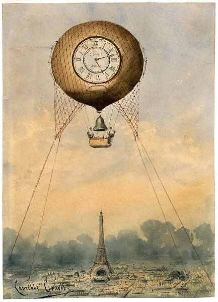 A hot air balloon suspended above the Eiffel Tower in Paris, France. Watercolor by Camille Gravis, c1890