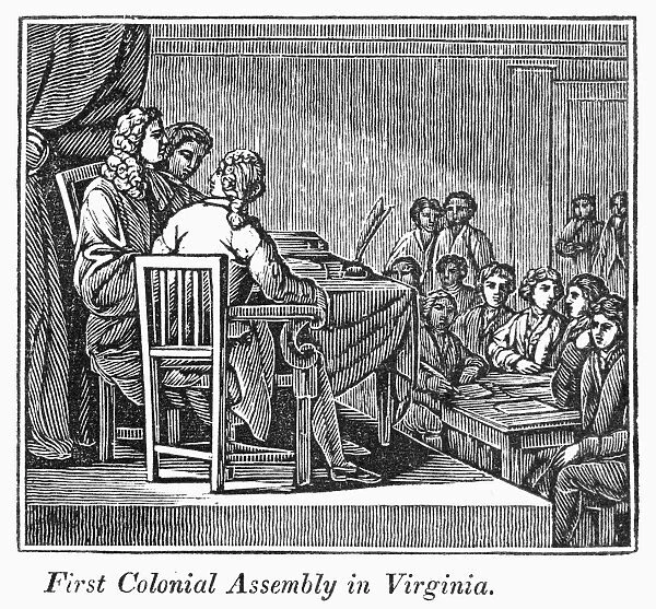HOUSE OF BURGESSES, 1619. A representation of the first colonial assembly in Virginia in 1619. American engraving, 1833
