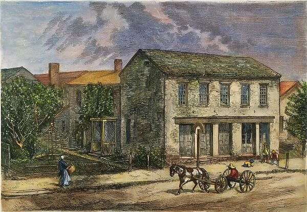 The house at Delaware, Ohio, where the future president Rutherford B. Hayes was born on 4 October 1822: colored engraving, 1876
