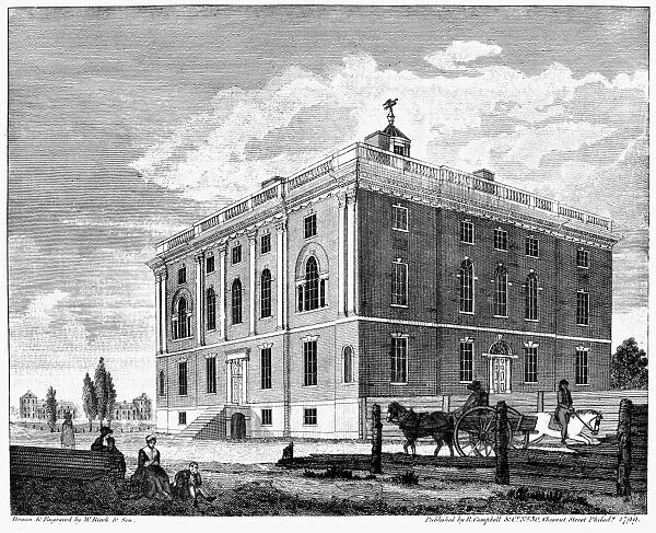 The house intended for the President of the United States. Presidential mansion constructed in Philadelphia in an attempt to persuade Congress to keep the city as the nations permanent capital. No president ever resided in the building. Line engraving, 1799, by William Birch & Son