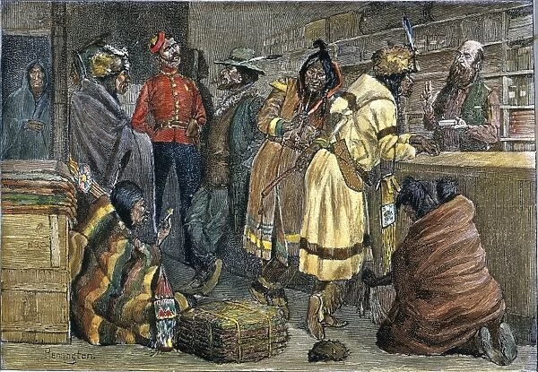 HUDSON BAY TRADING STORE in the Northwest Territory of Canada: colored engraving, 1888, after Frederic Remington