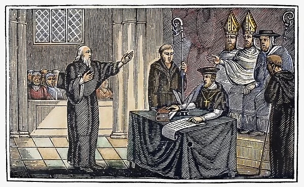 HUGH LATIMER (1485-1555). English religious reformer. Bishop Latimer before a Catholic tribunal during the reign of Mary I. Wood engraving from an 1832 American edition of John Foxes Book of Martyrs
