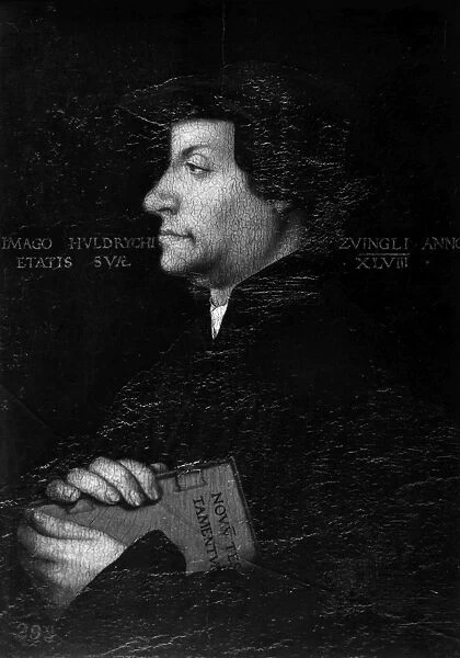 HULDREICH ZWINGLI (1484-1531). Swiss religious reformer. Oil on wood by or after Hans Asper