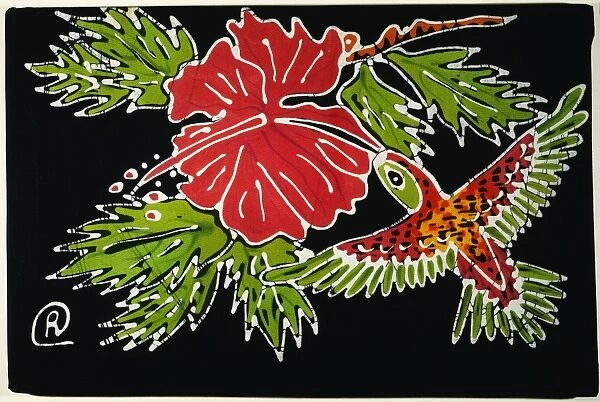 HUMMINGBIRD. Batik design of a hummingbird feeding at a hibiscus, from Saint Kitts, Leeward Islands, West Indies