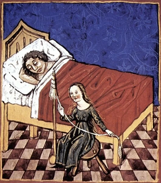 FOUR HUMORS: MELANCHOLIA. One of the four humors, Melancholia, according to physician Galen. Medieval manuscript illumination