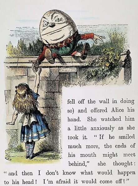 Humpty Dumpty offers Alice his hand. Wood engraving after John Tenniel for the first edition of Lewis Carrolls Through the Looking Glass, 1872