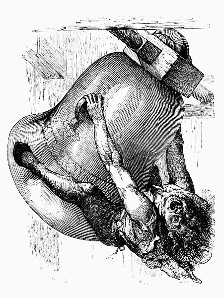 HUNCHBACK OF NOTRE DAME. Quasimodo, the hunchback bell ringer of Notre Dame de Paris in Victor Hugos novel, first published in 1831. Engraving after Adolphe Steinhell (?-1908)