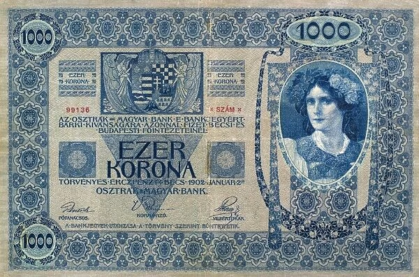 HUNGARY: BANKNOTE, 1902. 1000 korona banknote issued in the Austro-Hungarian Empire