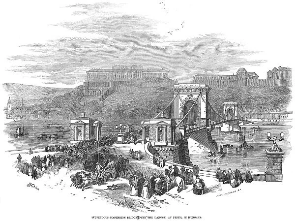 HUNGARY, BUDAPEST, 1847. Stupendous suspension bridge over the Danube, at Pest, in Hungary. Wood engraving, English, 1847