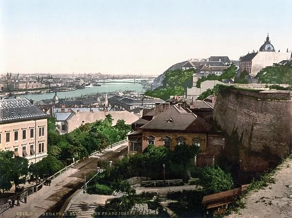 HUNGARY: BUDAPEST, c1895. View of Franz Josephs Bridge over the Danube River at Budapest, Hungary. Photochrome, c1895
