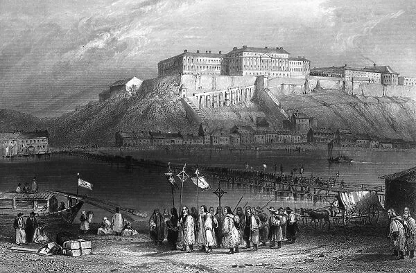 HUNGARY: PROCESSION. A procession of pilgrims beside the Danube River in Pest, Hungary. Steel engraving, English, 1844, after William Henry Bartlett