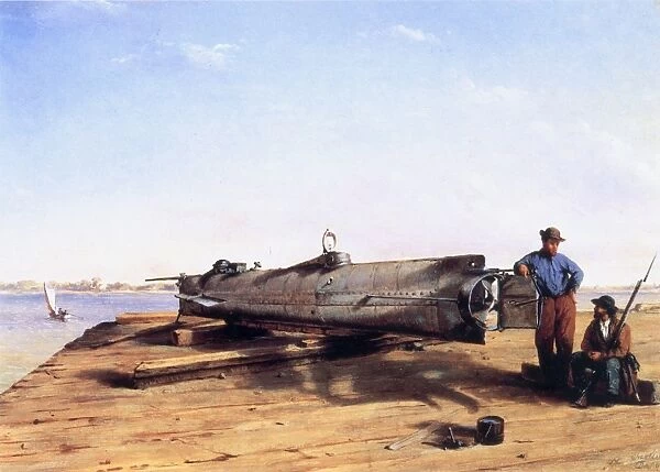 HUNLEY SUBMARINE, 1863. The Hunley submarine torpedo boat in drydock in Charleston, South Carolina. Oil by Conrad Wise Chapman (1842-1910)