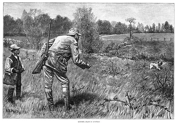 HUNTER, 1880. Gun-Shy. A hunter trying to coax a hunting dog. American engraving