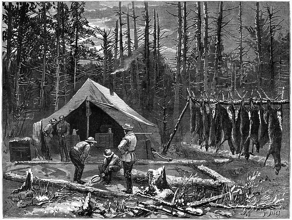 HUNTING: DEER, 1874. A deer camp in the Michigan woods