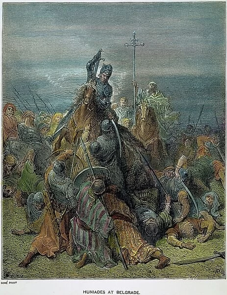 HUNYADI AT BELGRADE, 1456. Janos Hunyadi (1407?-1456) successfully defends Belgrade against the Turkish army of Mehmed II in 1456. Wood engraving after Gustave Dor