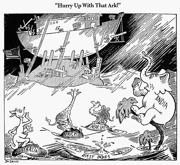 Hurry Up With The Ark. American cartoon by Dr. Seuss (Theodor Geisel) for PM, 23 February 1942, on Americas support of Great Britain and its colonies during WWII