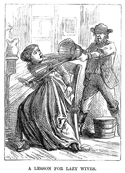 HUSBAND AND WIFE, 1867. A Lesson for Lazy Wives. Wood engraving from an American newspaper
