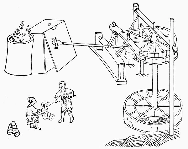 Hydraulic machine used to power a foundray furnace. Sketch after a Chinese work of 1313